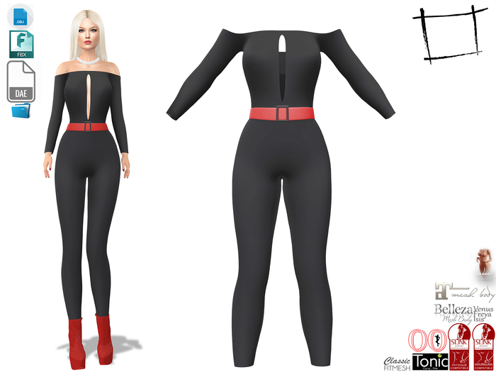 Dae Obj FBX For Off Shoulder Black Body Suit Dress Slink, Maitreya, Belleza, Tonic, Legacy, Voluptuous