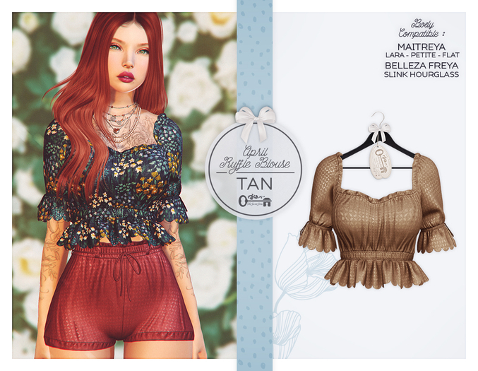 The Secret Store - April Ruffle Blouse - Maitreya Lara & Petite & Flat, Belleza Freya, Slink Hourglass - Tan