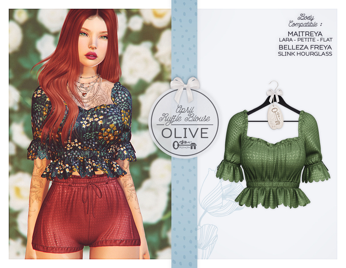 The Secret Store - April Ruffle Blouse - Maitreya Lara & Petite & Flat, Belleza Freya, Slink Hourglass - Olive
