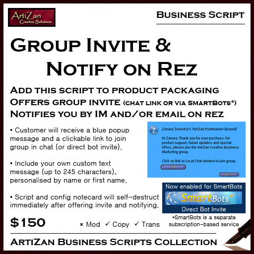 ArtiZan Business Script: Group Invite & Send IM/email on Rez