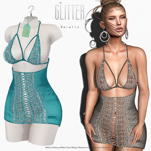 Glitter Karelis Fitmesh Dress Turquoise