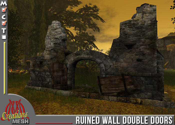Ruined wall with double doors and big arched entrance
