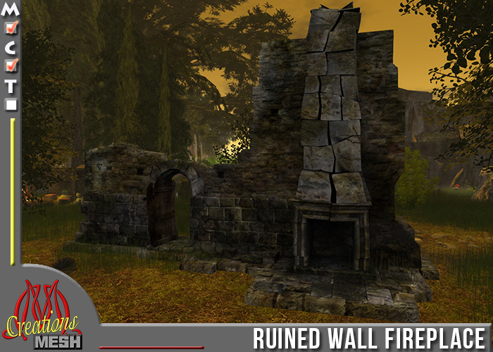 Ruined wall with fireplace and doorway