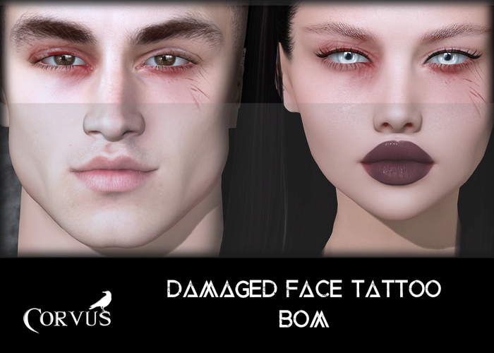 Corvus : Damaged Face Tattoo Bom (Group Gift inworld)