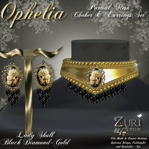 C- Zuri's Ophelia P-Mesh Choker & Earrings Blk Dia/Gold