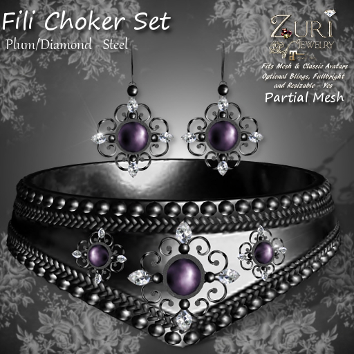 C. Zuri's Fili Choker Set P-Mesh Plum/Diamond-Steel
