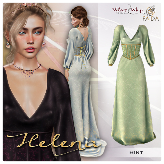 [V/W] + Faida - Helena Mint - Medieval fantasy elegant gown with included jewelry set - Mesh dress