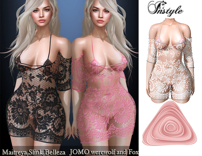 PROMO!!!-Lace dress -White with pink rose - Brilliant as a gift (Maitreya, Slink ,Belleza ,JOMO)
