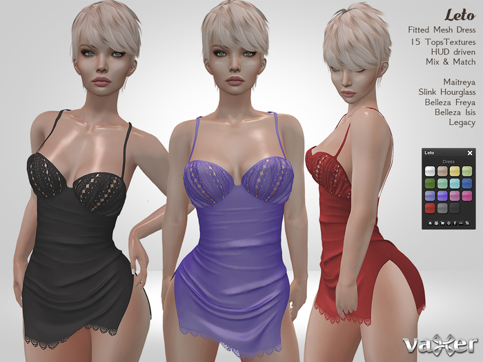 Vaxer : Leto Dress - Maitreya, Slink (H), Belleza (I, F) and Legacy. 15 Text. HUD.