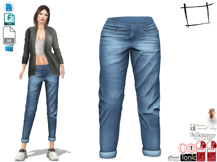 Dae Obj FBX For Women's Rolled Legs Low Waist Denims Slink, Maitreya, Belleza,Tonic, Legacy,Voluptuous
