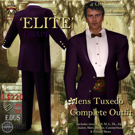 WGC 'ELITE' GRAPE Mens Tuxedo & Shoes - Classic Mesh Sizes, EDUS, MADO. Onupup