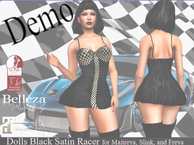 Dolls Black Satin Racer Dress ~ Maitreya, Slink, Freya ~ Demo 