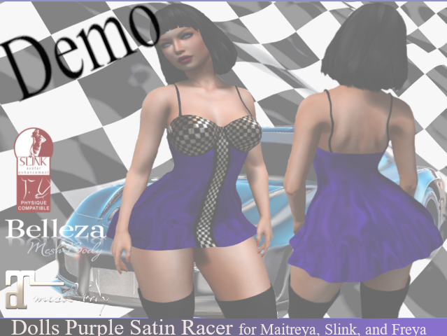 Dolls Purple Satin Racer Dress ~ Maitreya, Slink, Freya ~ Demo 