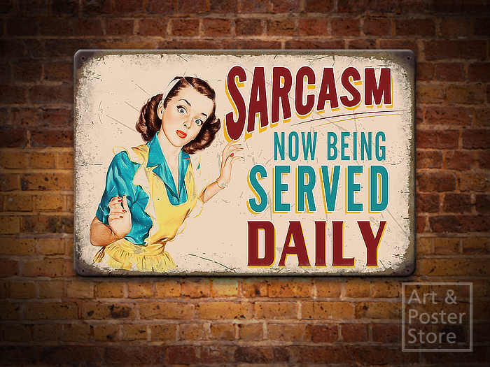 SARCASM SERVED DAILY Retro Themed Funny Poster | Rusty Metal Style Wall Sign