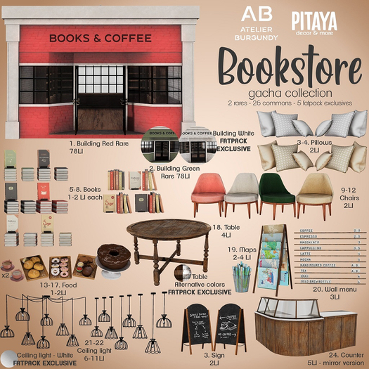 Atelier Burgundy + Pitaya . Bookstore.  Book pile Coffe