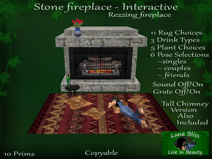 Stone Fireplace - Interactive - Rezzes poses,drinks,accessories