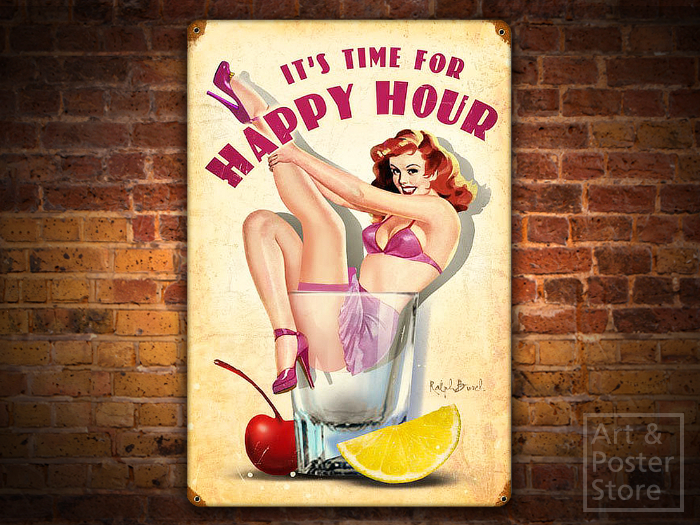 HAPPY HOUR Risqué Pin-Up Poster | Rusty Metal Style Wall Sign 