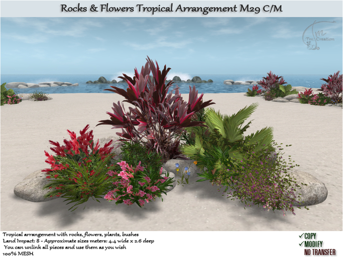Tropical Plants Flowers & Rocks Arrangement. C/M M29