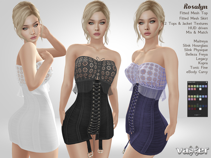 Vaxer : Rosalyn Outfit - Maitreya, Slink, Belleza, Tonic, Kupra, eBocy and Legacy. 20 Text. HUD. Mix & Match