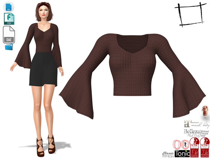 Dae Obj FBX For Bell Edge Sleeves Queen Neck Crop Top Slink, Maitreya, Belleza, Tonic, Legacy, Ocacin