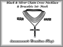 Black & Silver Mesh Metal Cross Necklace with Bracelets Set