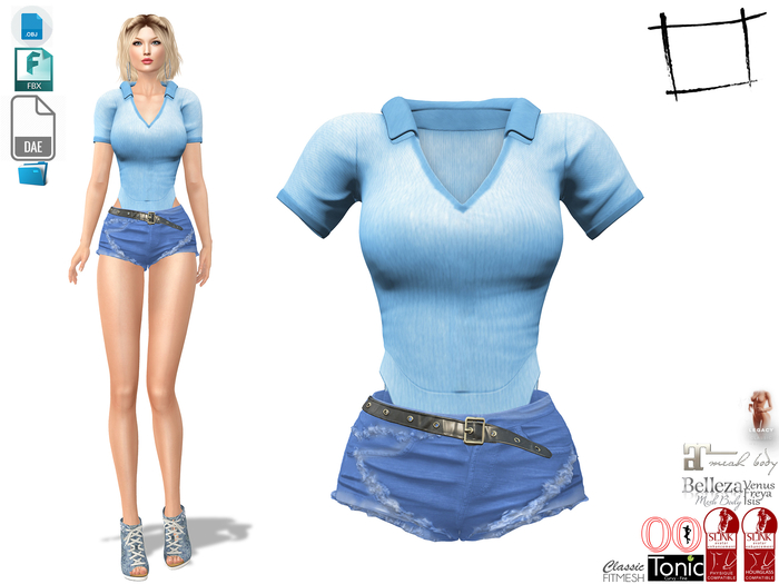 Dae Obj FBX For Bodysuit Tshirt Mini Torn Denims Outfit Slink, Maitreya, Belleza, Tonic, Legacy