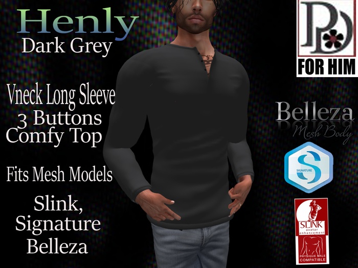 !PD-Mens Henly Top Dark Grey