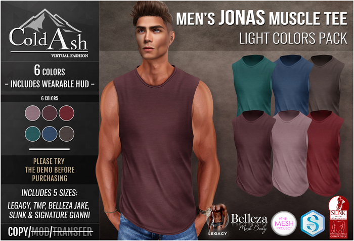 {COLD-ASH} Mens MESH JONAS Muscle Tee (LIGHT COLORS PACK)