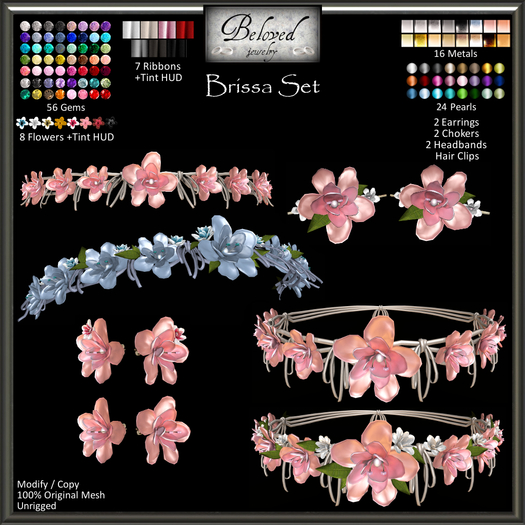 Beloved Jewelry : Brissa Set (Texture Change) 2 Earrings, 2 Chokers, 2 Headbands, Hair Clips, Silver, Flowers