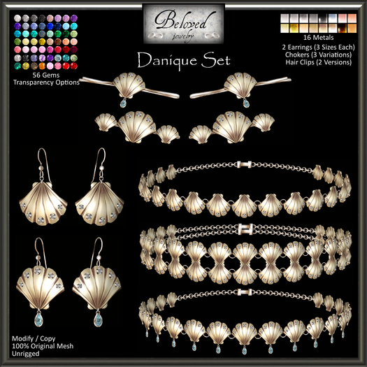 Beloved Jewelry : Danique Shell Set (Texture Change) 2 Earrings, 3 Chokers, 2 Hair Clips, Silver, Gold