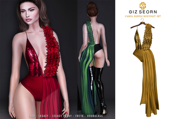 GIZ SEORN: 'Carol' Ruffle Bodysuit Set [Gold]