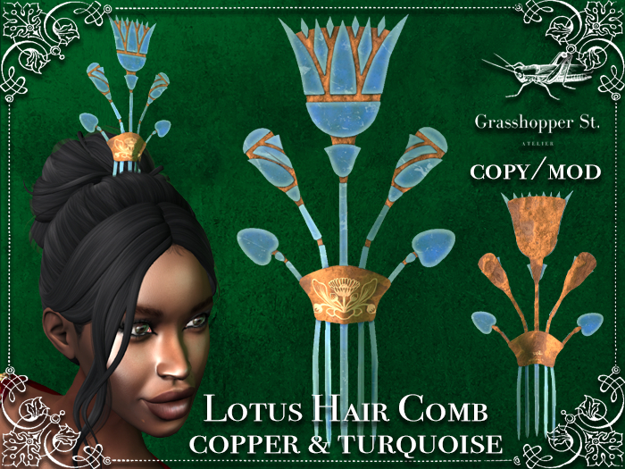 Grasshopper St Lotus Hair Comb - Copper & Turquoise