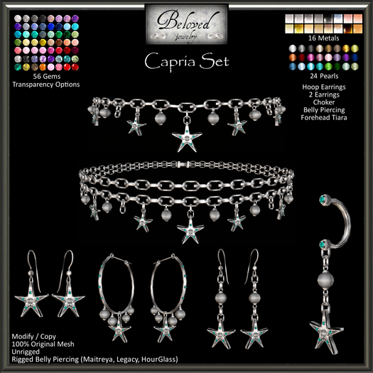 Beloved Jewelry : Capria Set (Texture Change) 3 Earrings (Hoop Earrings), Choker, Belly Piercing, Tiara