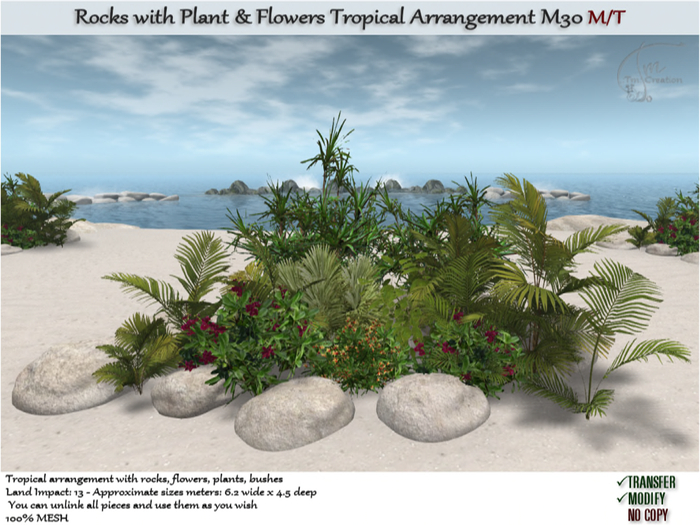 Tropical Flowers Plants & Rocks Arrangement. M/T M30