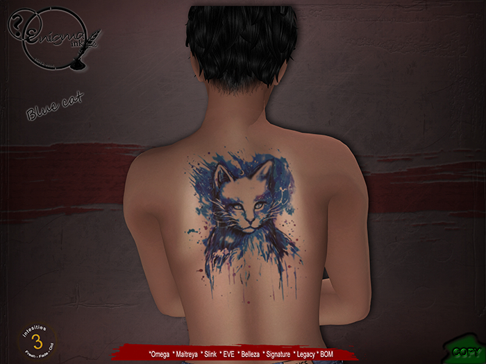 [enigma Ink] Blue cat back tattoo
