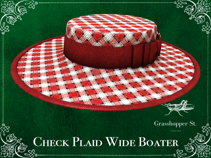 Grasshopper St Check Plaid Wide Boater - Red & White