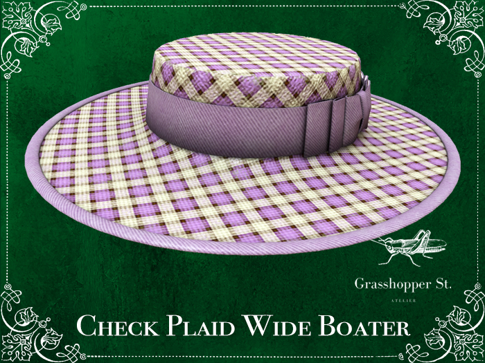 Grasshopper St Check Plaid Wide Boater - Lavender