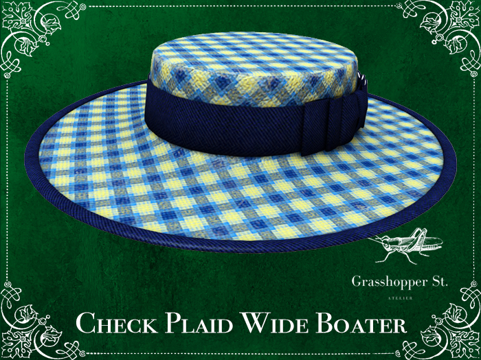 Grasshopper St Check Plaid Wide Boater - Blue & Yellow