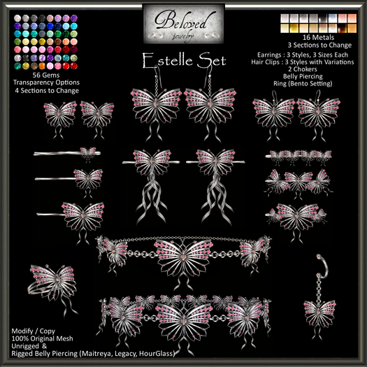 Beloved Jewelry : Estelle Butterfly Set (Texture Change) Earrings, Chokers, Belly Piercing, Hair Clips,Ring