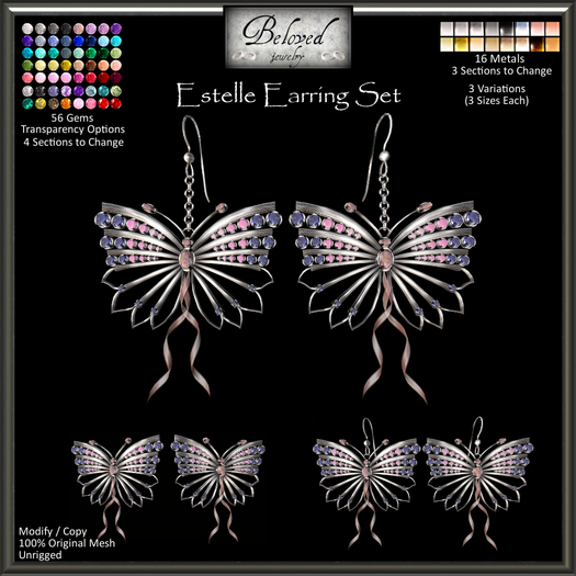 Beloved Jewelry : Estelle Butterfly Earring Set (Texture Change) Silver, Gold, Gemstones, Diamond, Amethyst