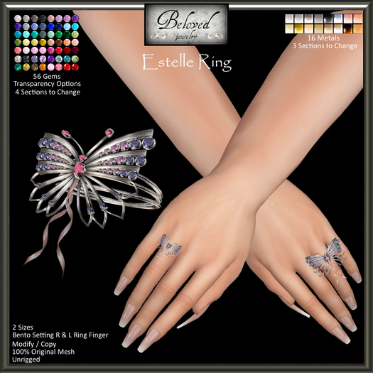 Beloved Jewelry : Estelle Butterfly Ring Bento Setting (Texture Change) Silver, Gold, Gemstones, Diamond, Amethyst