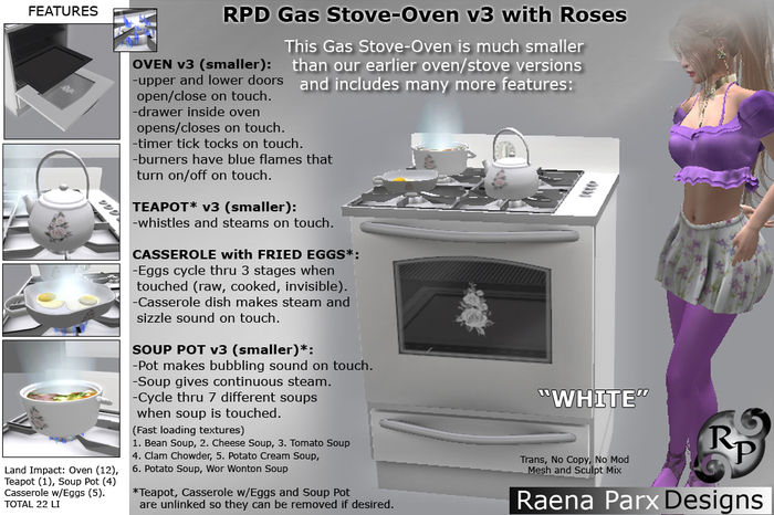 RPD GAS STOVE-OVEN vs3b "WHITE" (porcelain) with Roses - NEW !!!