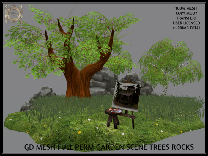 GD MESH FULL PERM GARDEN SCENE TREES ROCKS