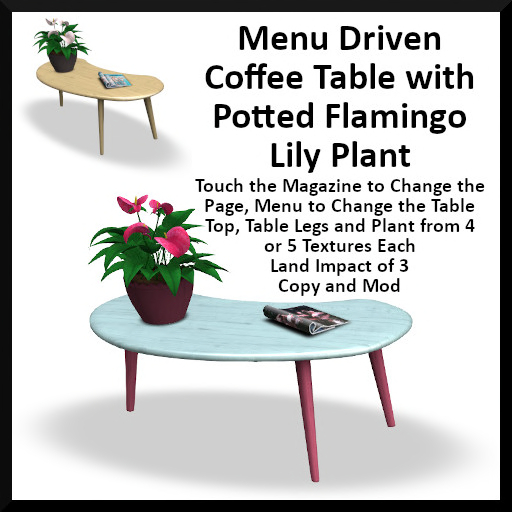 Menu Driven Coffee Table with Potted Flamingo Lily Plant