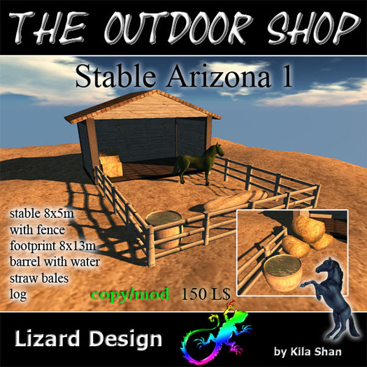 Stable Arizona 1 for Amaretto horse, with log, straw and trough