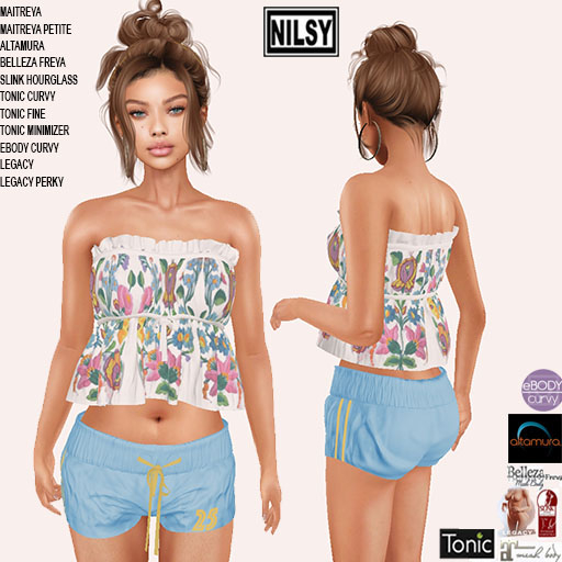 EMBROIDERED STRAPLESS & SHORTS,MESH BODY