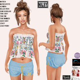 EMBROIDERED STRAPLESS & SHORTS,MESH BODY