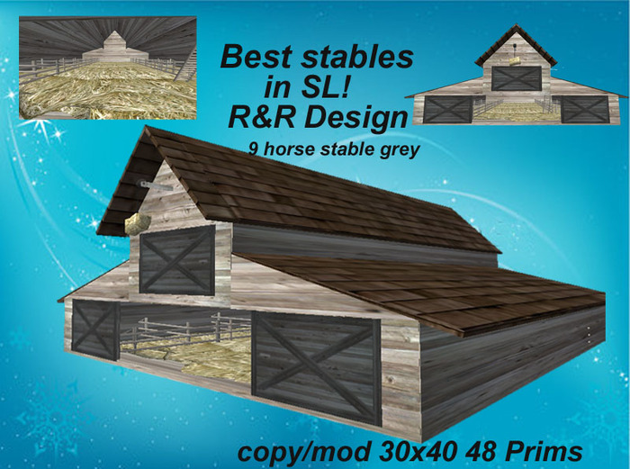 9 horse stable grey, with lot of equipment, animated, low prim stable