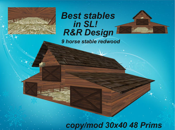 Best Stables in SL!! 9 horse stable redwood, with lot of equipment, animated, low prim stable