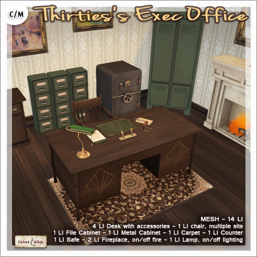 [V/W] Thirties Executive Office - Complete set - Desk, Cabinets, Safe, Fireplace, Accessories - Vintage Mesh Furniture 